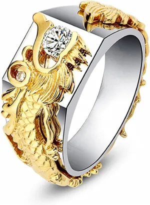 Iced Out Dragon Ring for Men - Gothic Gold Head Punk White Stone Hip Hop Retro Rock Animal Jewelry