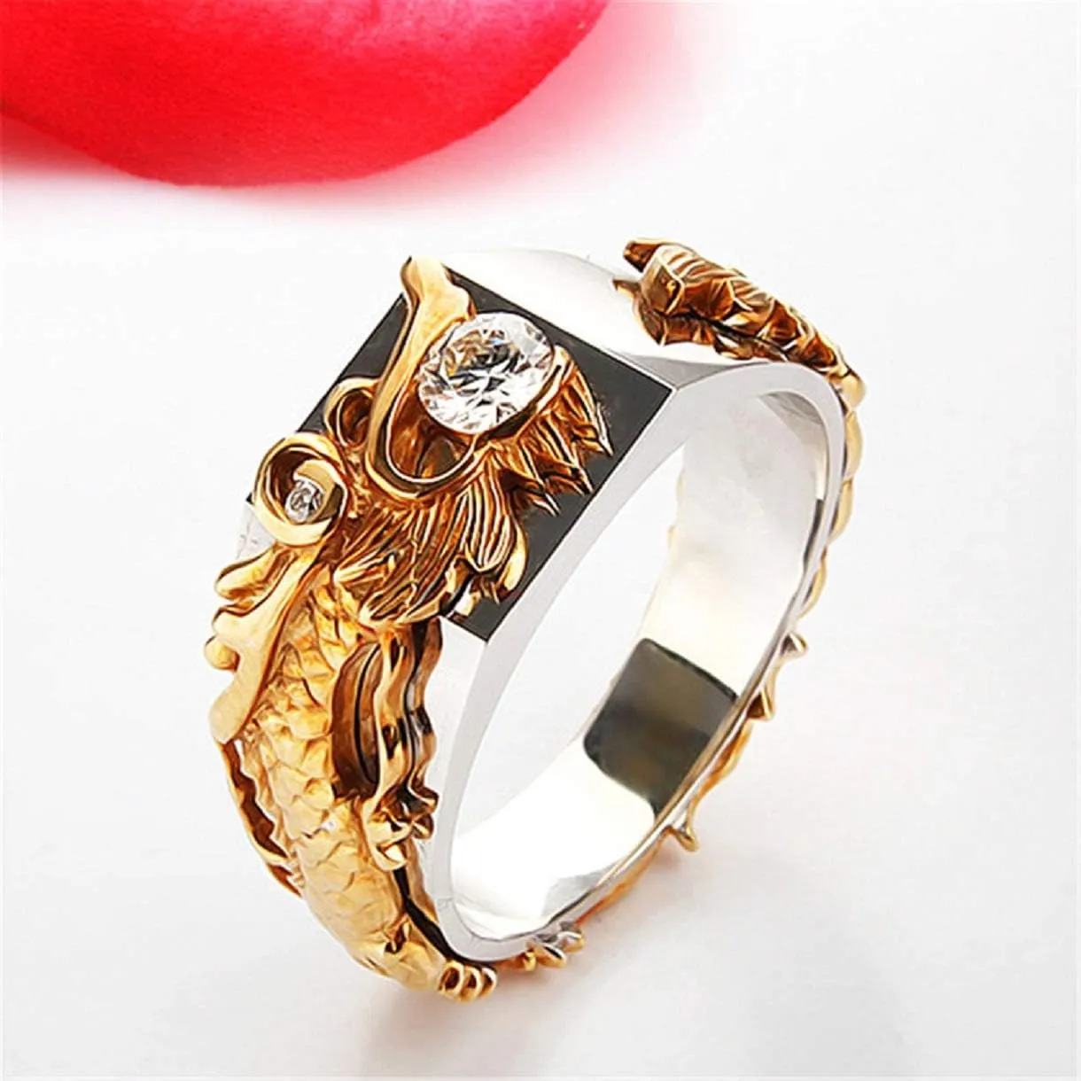 Iced Out Dragon Ring for Men - Gothic Gold Head Punk White Stone Hip Hop Retro Rock Animal Jewelry