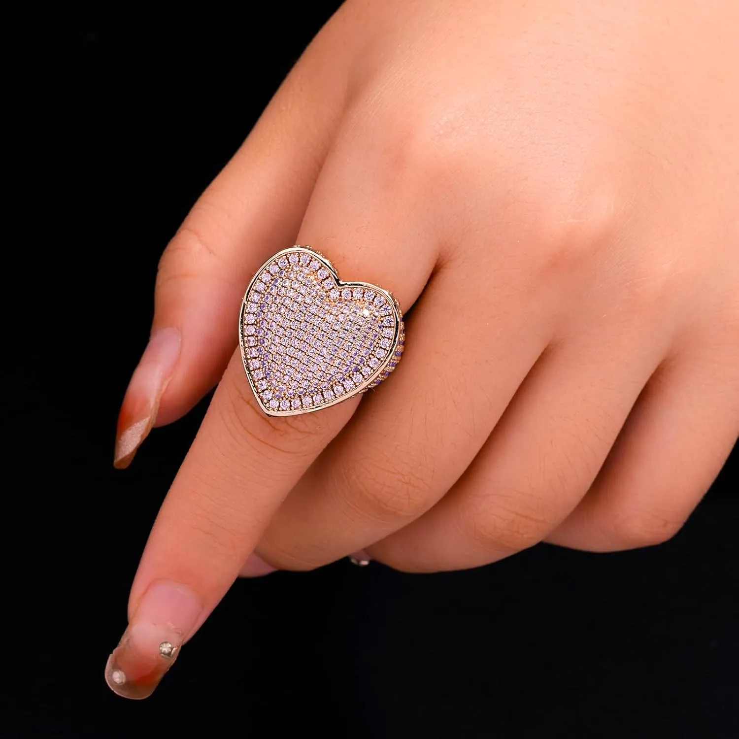 Iced Out Jewelry 5A Cz Stones Shiny Baguette Heart Engagement Gold Luxury Diamond Ring, Hip Hop Bling Bling 18K Gold Plated Party Pinky Ring Men Women