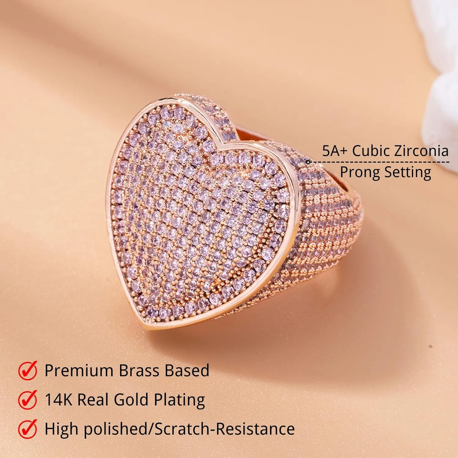 Iced Out Jewelry 5A Cz Stones Shiny Baguette Heart Engagement Gold Luxury Diamond Ring, Hip Hop Bling Bling 18K Gold Plated Party Pinky Ring Men Women