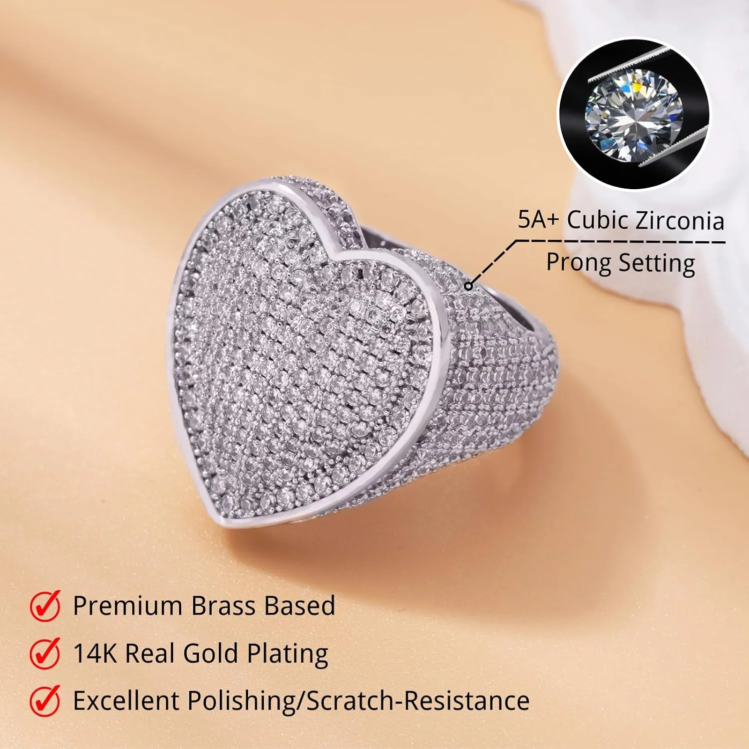 Iced Out Jewelry 5A Cz Stones Shiny Baguette Heart Engagement Gold Luxury Diamond Ring, Hip Hop Bling Bling 18K Gold Plated Party Pinky Ring Men Women