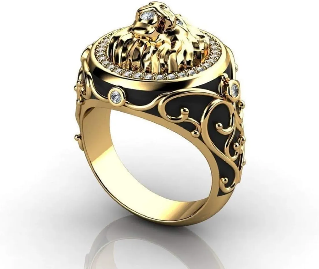 Iced Out Lion Head Ring for Men - Norse Viking Animal Jewelry, Celtic Hip Hop Roaring Band, Punk Gold