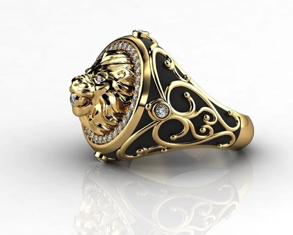 Iced Out Lion Head Ring for Men - Norse Viking Animal Jewelry, Celtic Hip Hop Roaring Band, Punk Gold
