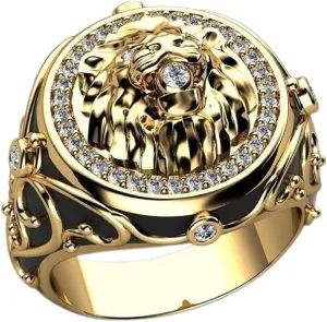 Iced Out Lion Head Ring for Men - Norse Viking Animal Jewelry, Celtic Hip Hop Roaring Band, Punk Gold