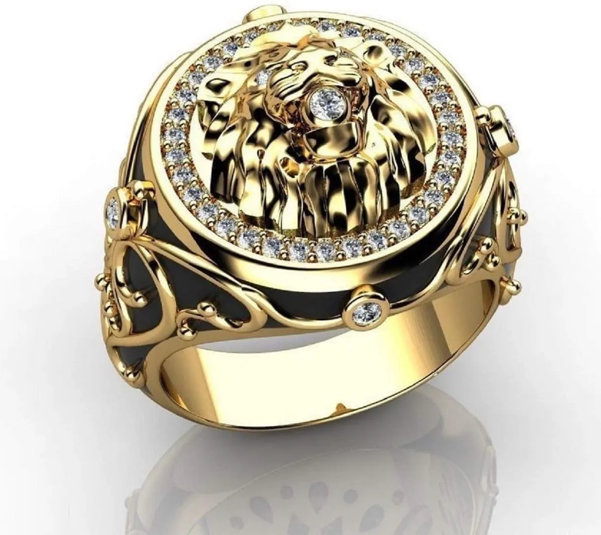 Iced Out Lion Head Ring for Men - Norse Viking Animal Jewelry, Celtic Hip Hop Roaring Band, Punk Gold