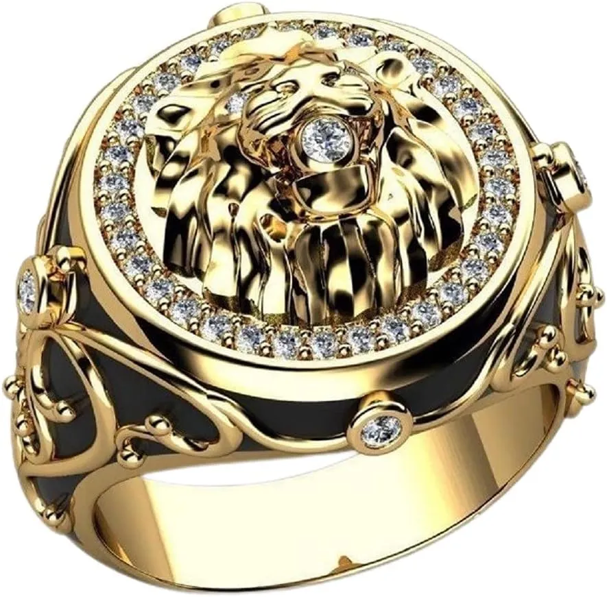 Iced Out Lion Head Ring for Men - Norse Viking Animal Jewelry, Celtic Hip Hop Roaring Band, Punk Gold
