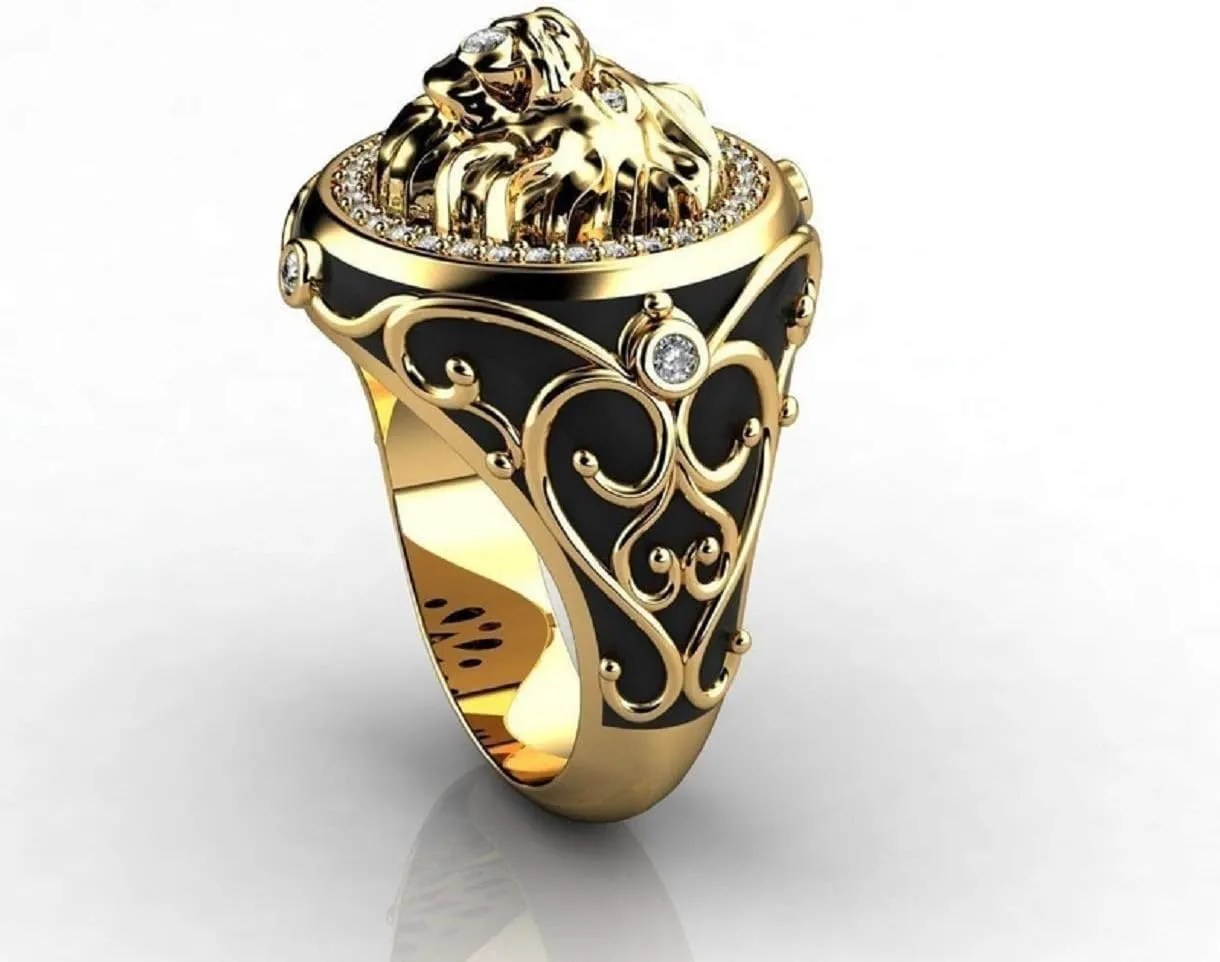 Iced Out Lion Head Ring for Men - Norse Viking Animal Jewelry, Celtic Hip Hop Roaring Band, Punk Gold