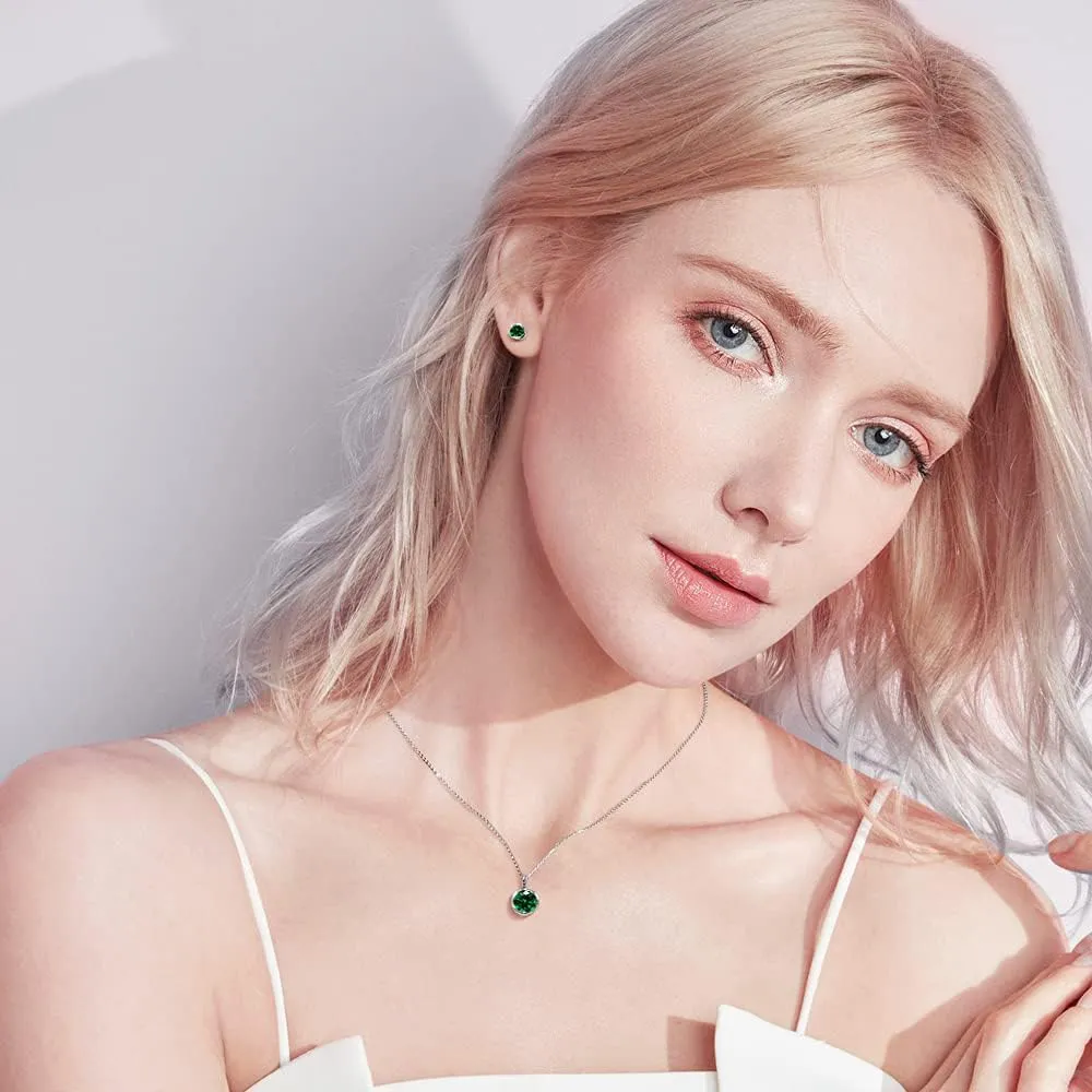 immobird Rose Necklace Jewelry Set in 925 Sterling Silver Birthstone Necklace and Earring Sets for Women Solitaire Necklace with Round Gemstone Gift for Her