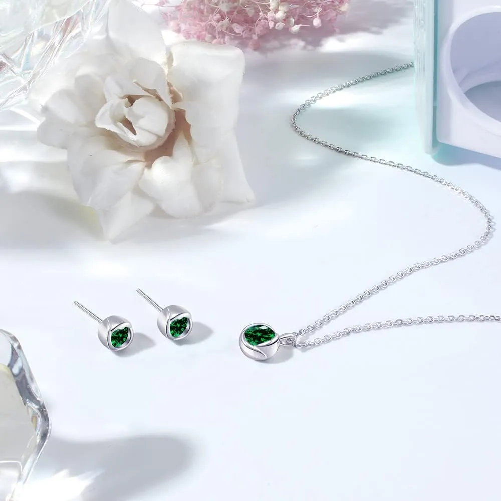 immobird Rose Necklace Jewelry Set in 925 Sterling Silver Birthstone Necklace and Earring Sets for Women Solitaire Necklace with Round Gemstone Gift for Her