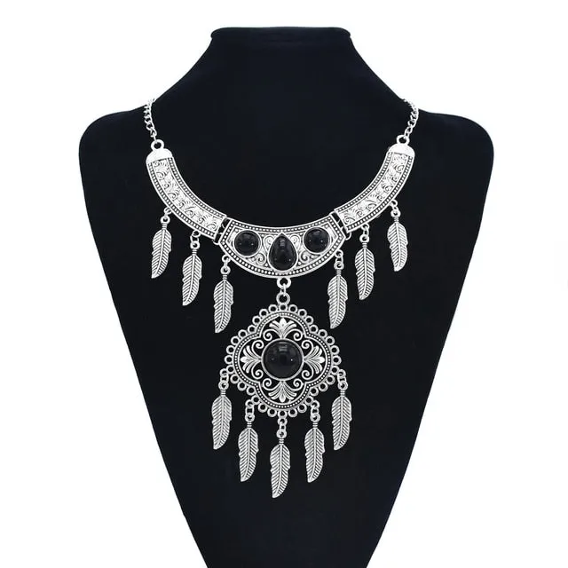Indian Tribal Bohemian Black Blue Stone Ethnic Coin tassel necklace