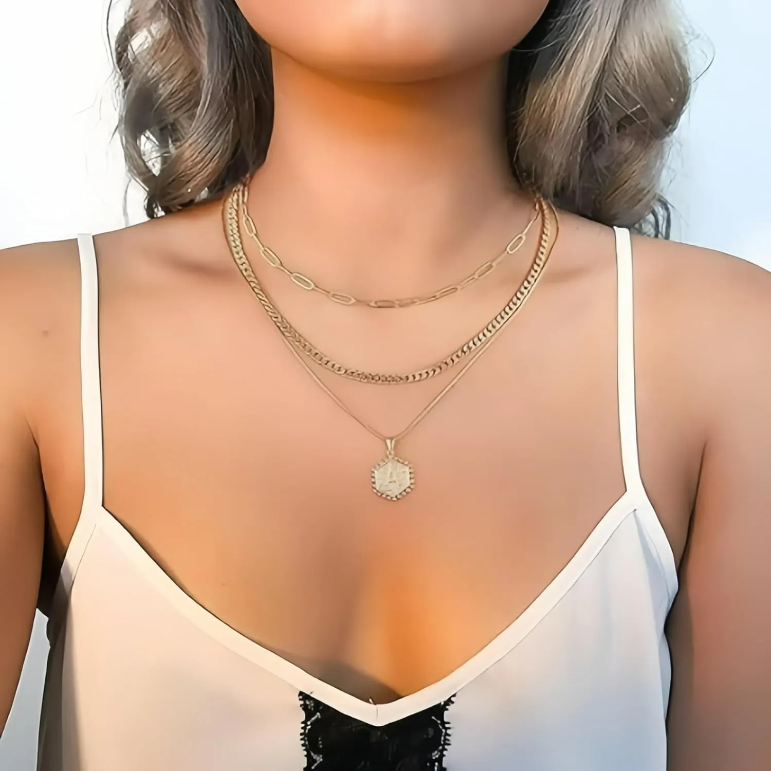 Initial Necklaces for Women, Fashion 14K Gold Plated Multi-Layer Necklace for Women Delicate Hexagonal Initial Necklace, Suitable for Women's Birthday Jewelry Gift