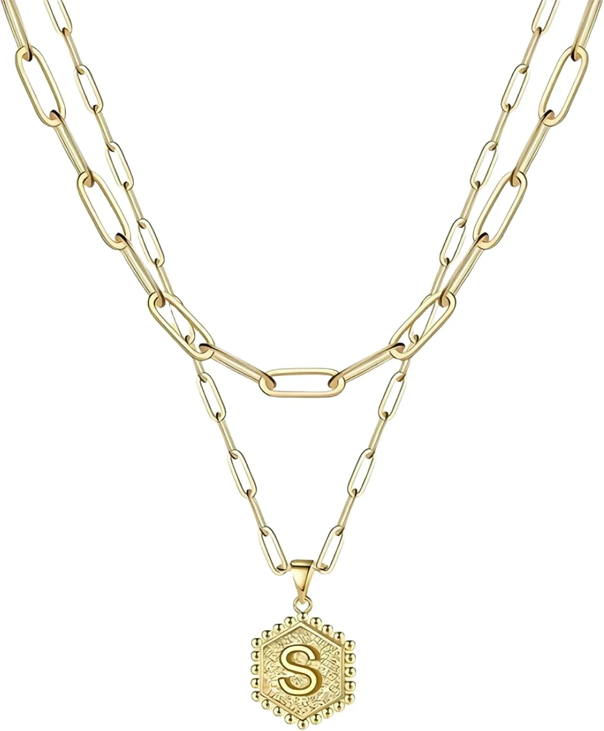 Initial Necklaces for Women, Fashion 14K Gold Plated Multi-Layer Necklace for Women Delicate Hexagonal Initial Necklace, Suitable for Women's Birthday Jewelry Gift
