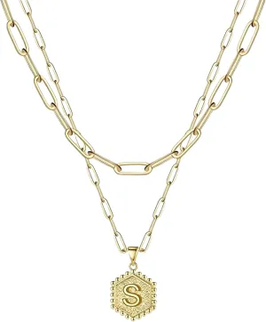 Initial Necklaces for Women, Fashion 14K Gold Plated Multi-Layer Necklace for Women Delicate Hexagonal Initial Necklace, Suitable for Women's Birthday Jewelry Gift