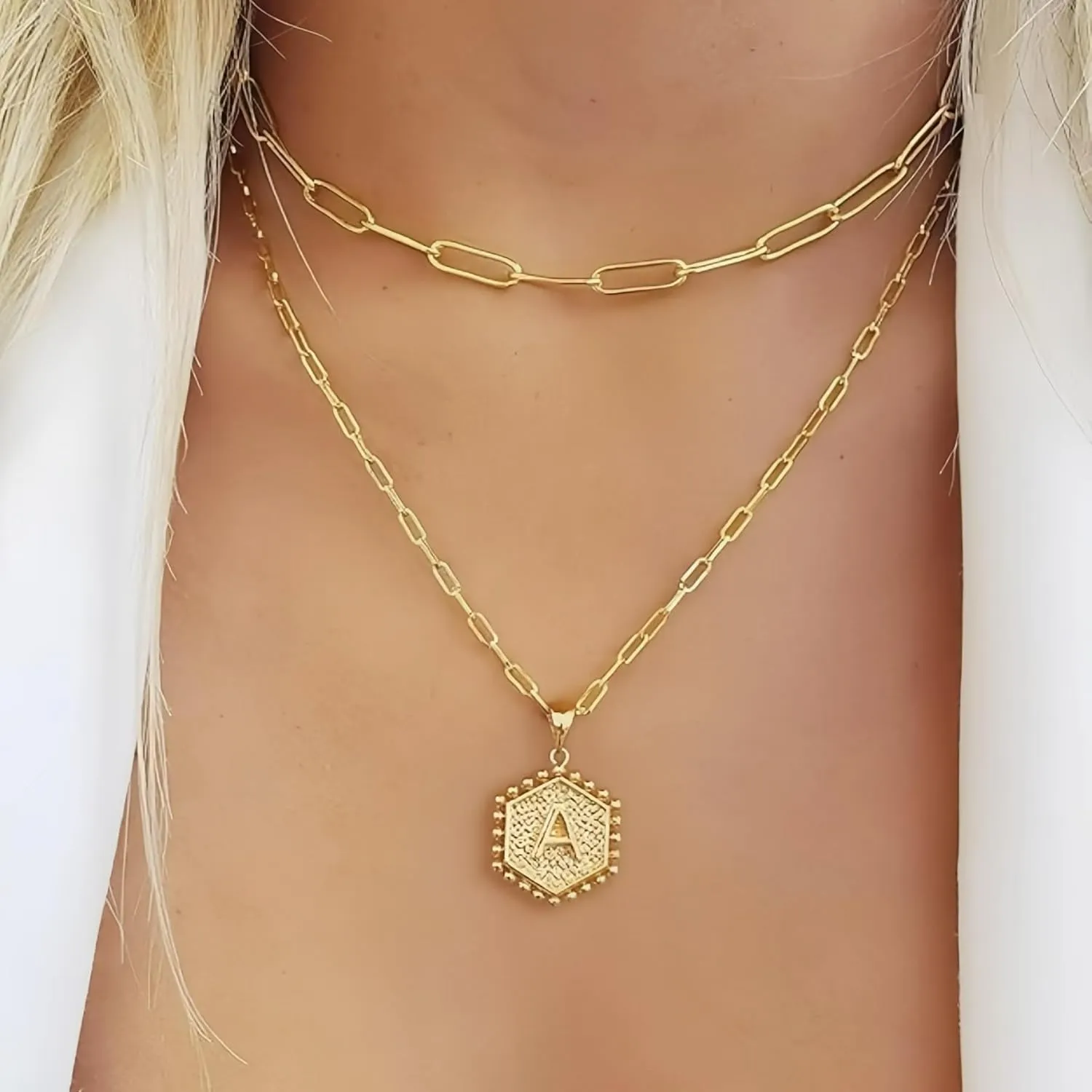 Initial Necklaces for Women, Fashion 14K Gold Plated Multi-Layer Necklace for Women Delicate Hexagonal Initial Necklace, Suitable for Women's Birthday Jewelry Gift