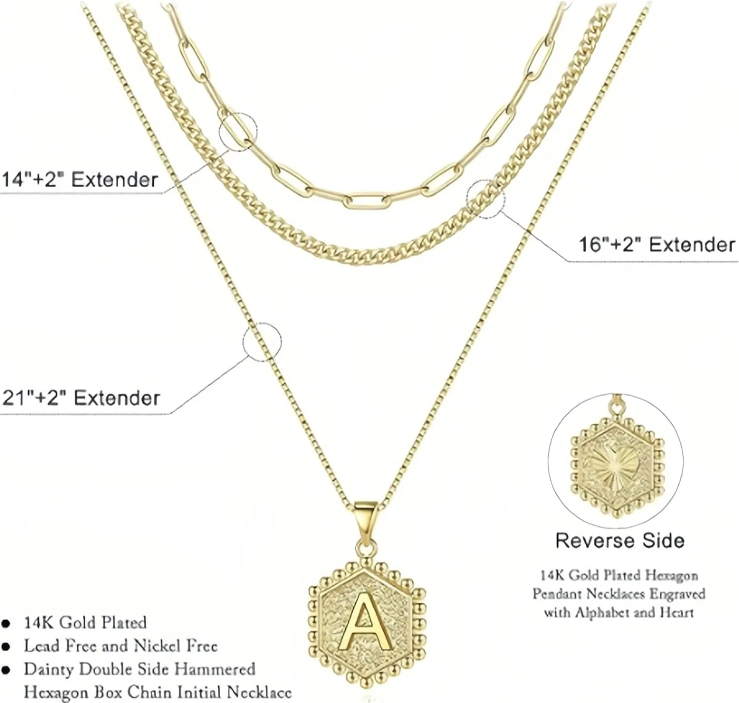 Initial Necklaces for Women, Fashion 14K Gold Plated Multi-Layer Necklace for Women Delicate Hexagonal Initial Necklace, Suitable for Women's Birthday Jewelry Gift