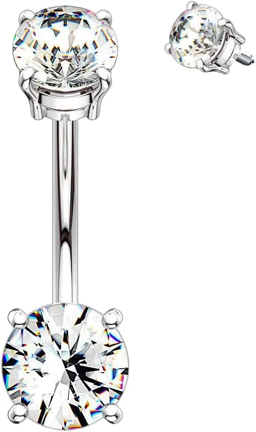 Internally Threaded 7mm and 9mm Prong Set CZ Belly Navel Ring 14g 3/8" 9mm Silver Body Unique Jewelry Delicate Design Piercing Steel Surgical For Women