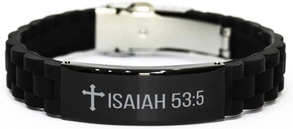 Isaiah 53:5 Black Glidelock Bracelet Bible Verse Isaiah 53:5 Religious Jewelry Engraved for Women Men Personalized Isaiah 53:5 Inspirational Christian Faith Adjustable Bracelet Motivational