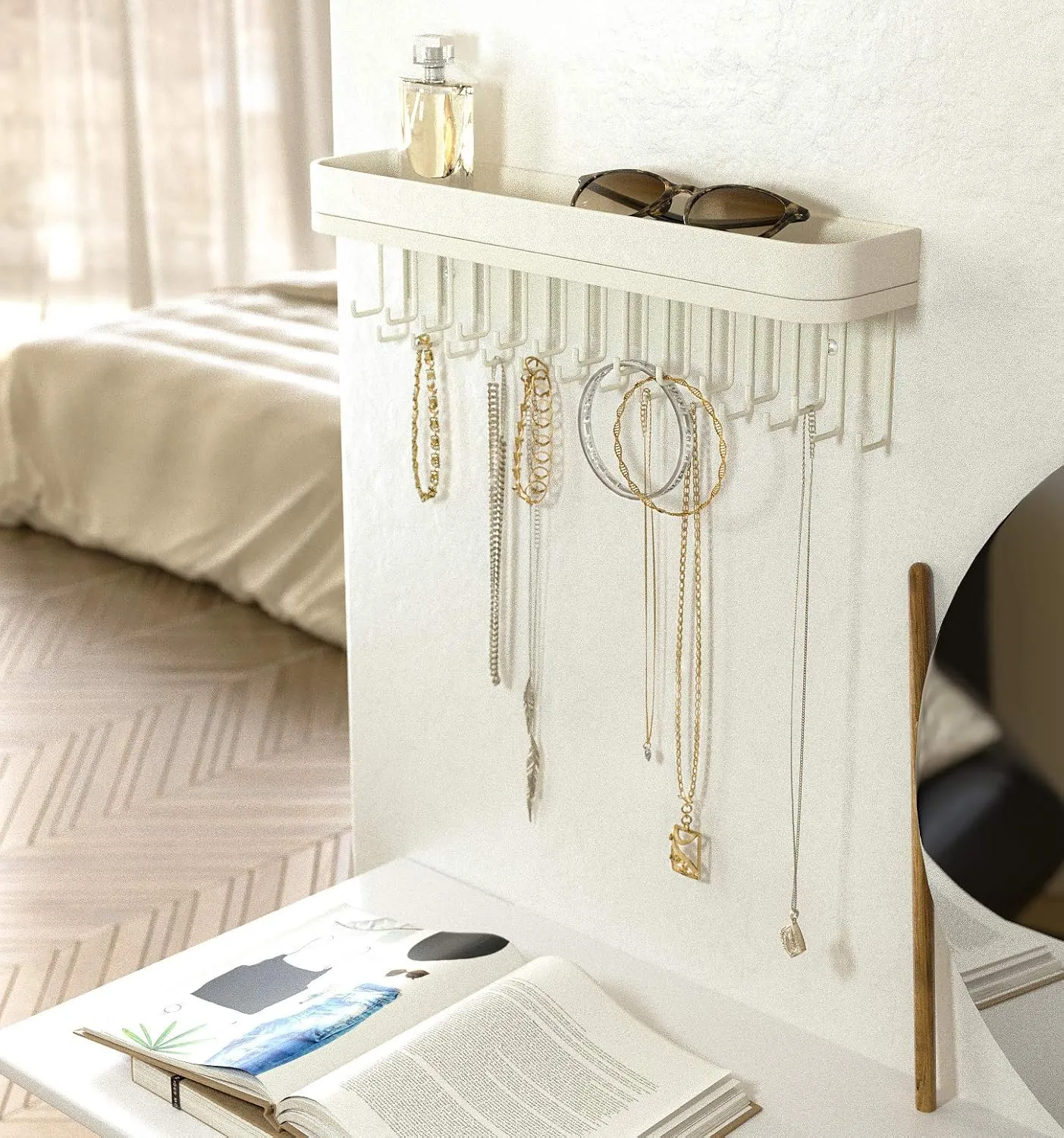 J JACKCUBE DESIGN Necklace Holder Wall Mounted Jewelry Organizer for Bracelet, Earrings and Rings with 25 Hooks - Aesthetic Room Decor Bedroom Shelf Rack (White) - MK124C