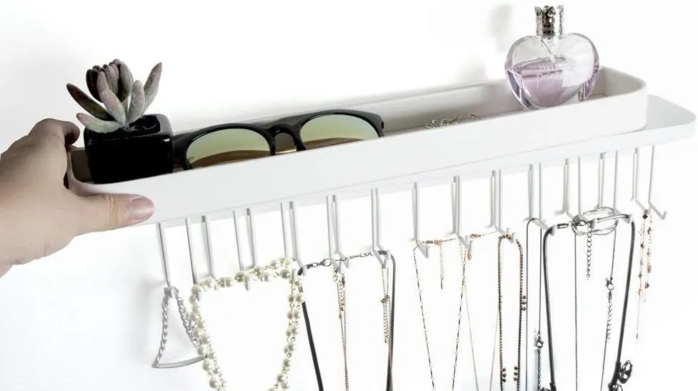 J JACKCUBE DESIGN Necklace Holder Wall Mounted Jewelry Organizer for Bracelet, Earrings and Rings with 25 Hooks - Aesthetic Room Decor Bedroom Shelf Rack (White) - MK124C