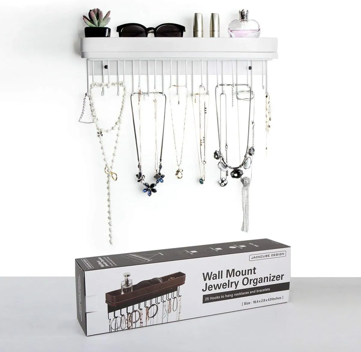 J JACKCUBE DESIGN Necklace Holder Wall Mounted Jewelry Organizer for Bracelet, Earrings and Rings with 25 Hooks - Aesthetic Room Decor Bedroom Shelf Rack (White) - MK124C