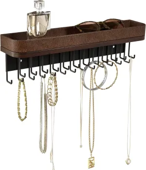 J JACKCUBE DESIGN Necklace Holder Wall Mounted Jewelry Organizer for Bracelet, Earrings and Rings with 25 Hooks - Room Decor Bedroom Boho Shelf Rack (Brown) - MK124A