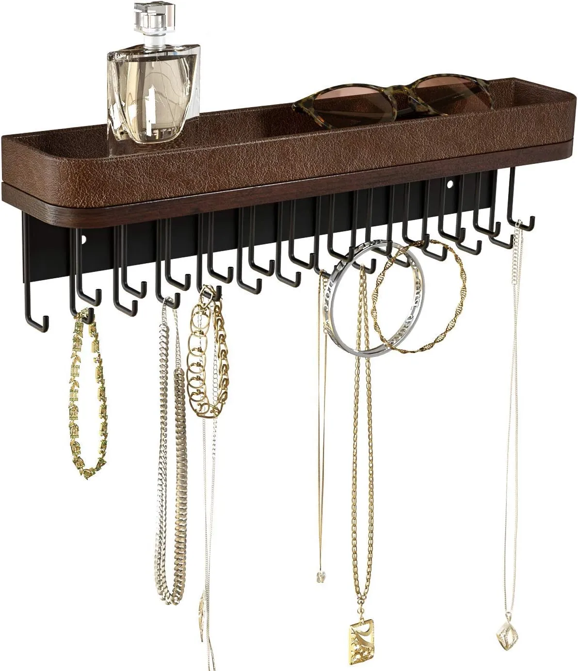 J JACKCUBE DESIGN Necklace Holder Wall Mounted Jewelry Organizer for Bracelet, Earrings and Rings with 25 Hooks - Room Decor Bedroom Boho Shelf Rack (Brown) - MK124A