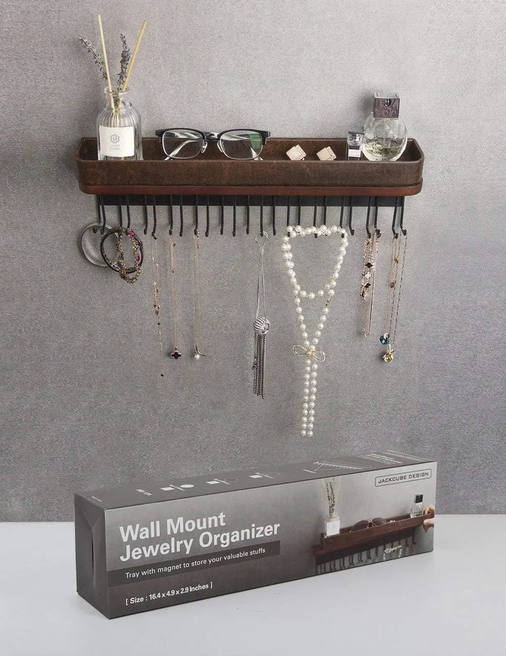 J JACKCUBE DESIGN Necklace Holder Wall Mounted Jewelry Organizer for Bracelet, Earrings and Rings with 25 Hooks - Room Decor Bedroom Boho Shelf Rack (Brown) - MK124A