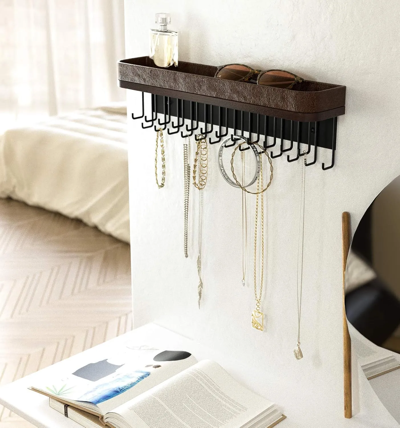 J JACKCUBE DESIGN Necklace Holder Wall Mounted Jewelry Organizer for Bracelet, Earrings and Rings with 25 Hooks - Room Decor Bedroom Boho Shelf Rack (Brown) - MK124A