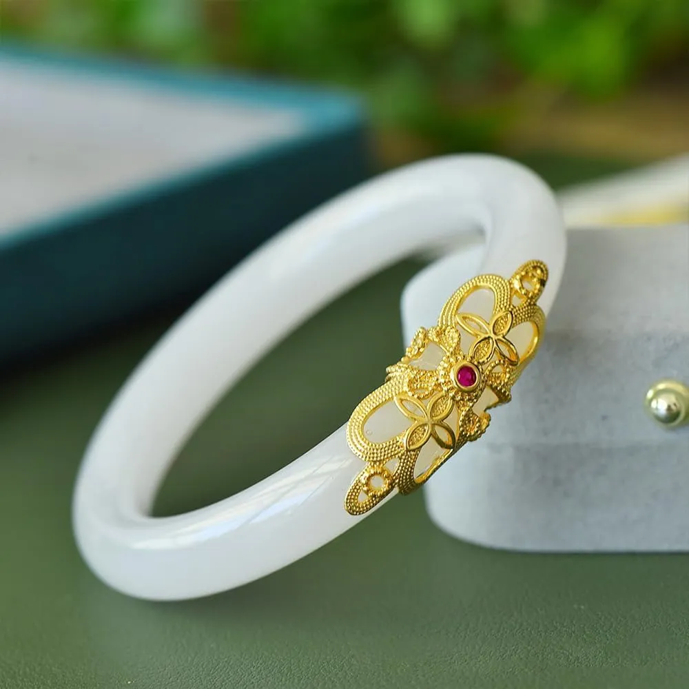 Jade Bangle Bracelet for Women Feng Shui Bangle Good Luck Jade Bracelet Woman Jade Bangle Bracelet Fashion Ancient Gold Inlaid Design Jade Stone Bracelet