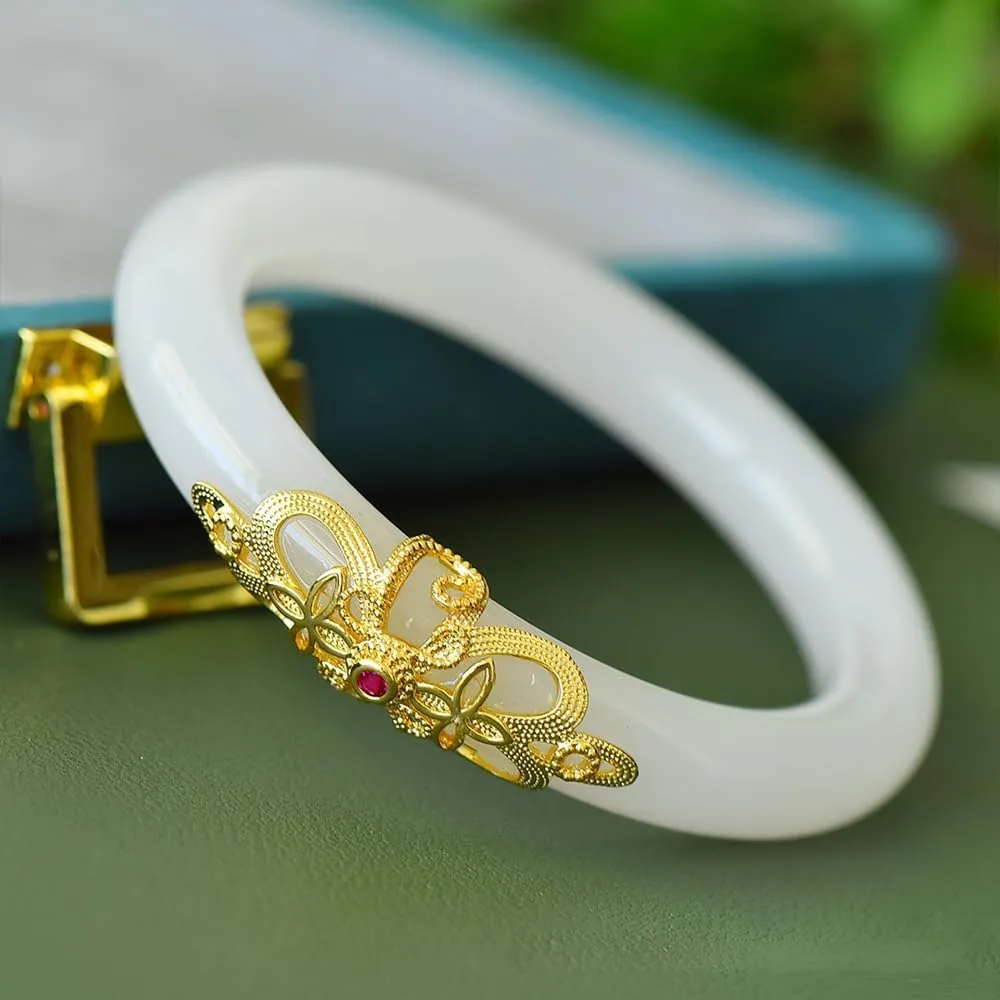 Jade Bangle Bracelet for Women Feng Shui Bangle Good Luck Jade Bracelet Woman Jade Bangle Bracelet Fashion Ancient Gold Inlaid Design Jade Stone Bracelet