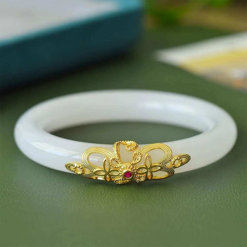 Jade Bangle Bracelet for Women Feng Shui Bangle Good Luck Jade Bracelet Woman Jade Bangle Bracelet Fashion Ancient Gold Inlaid Design Jade Stone Bracelet