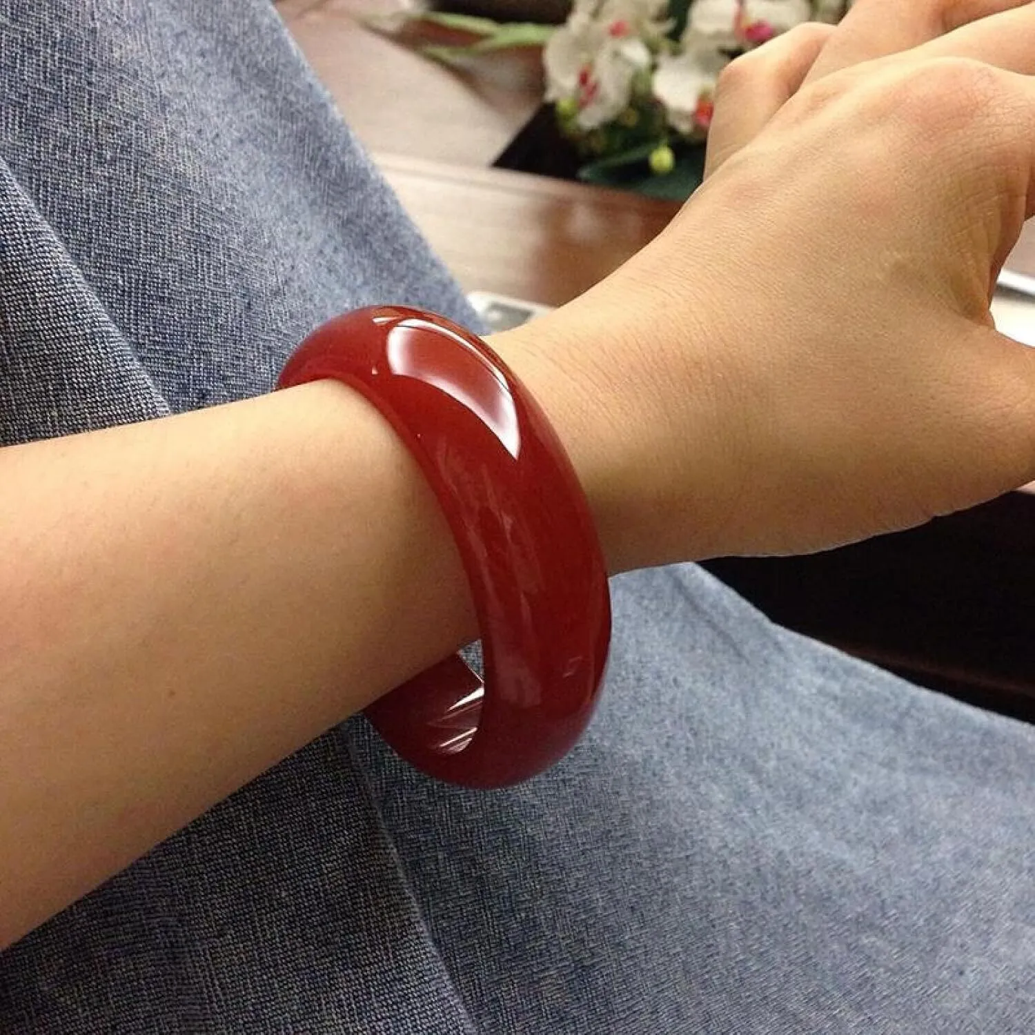 Jade Bangle Bracelet for Women,Widened Chalcedony Bracelet, Retro Red Natural Jade Bracelet