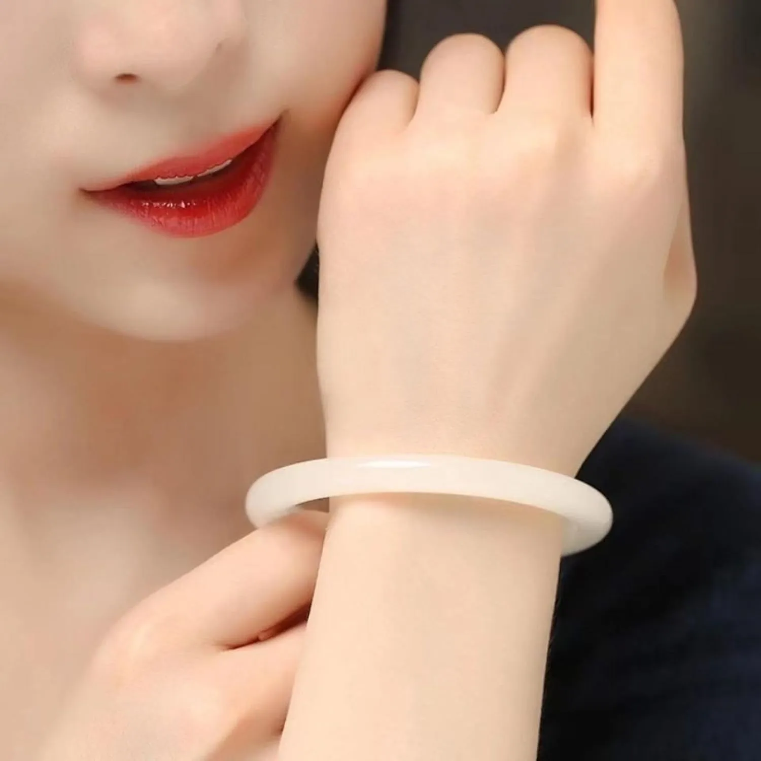 Jade Bangle Bracelet for,Women Genuine White Thin Round Strips Beautiful, and Generous Bracelet.