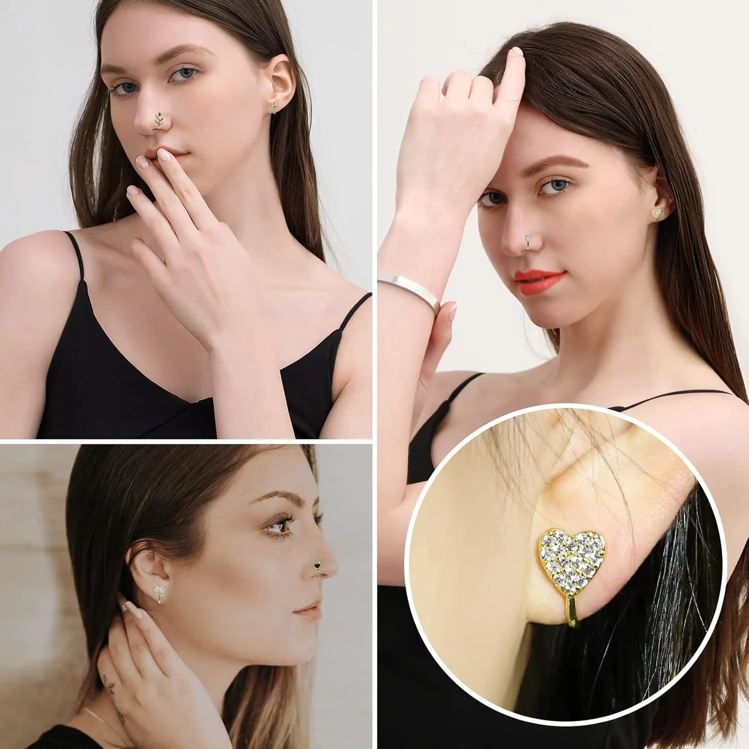 JDXN 24 PCS Fake Nose Rings Set Ear Clips Non Piercing Earrings Inlaid CZ Non Piercing Jewelry Fake Nose Ring Spring Clip on Circle Hoop No Pierced Body Jewelry Set For Women Men