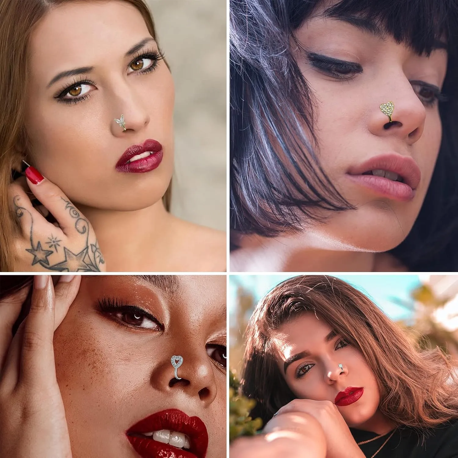 JDXN 24 PCS Fake Nose Rings Set Ear Clips Non Piercing Earrings Inlaid CZ Non Piercing Jewelry Fake Nose Ring Spring Clip on Circle Hoop No Pierced Body Jewelry Set For Women Men