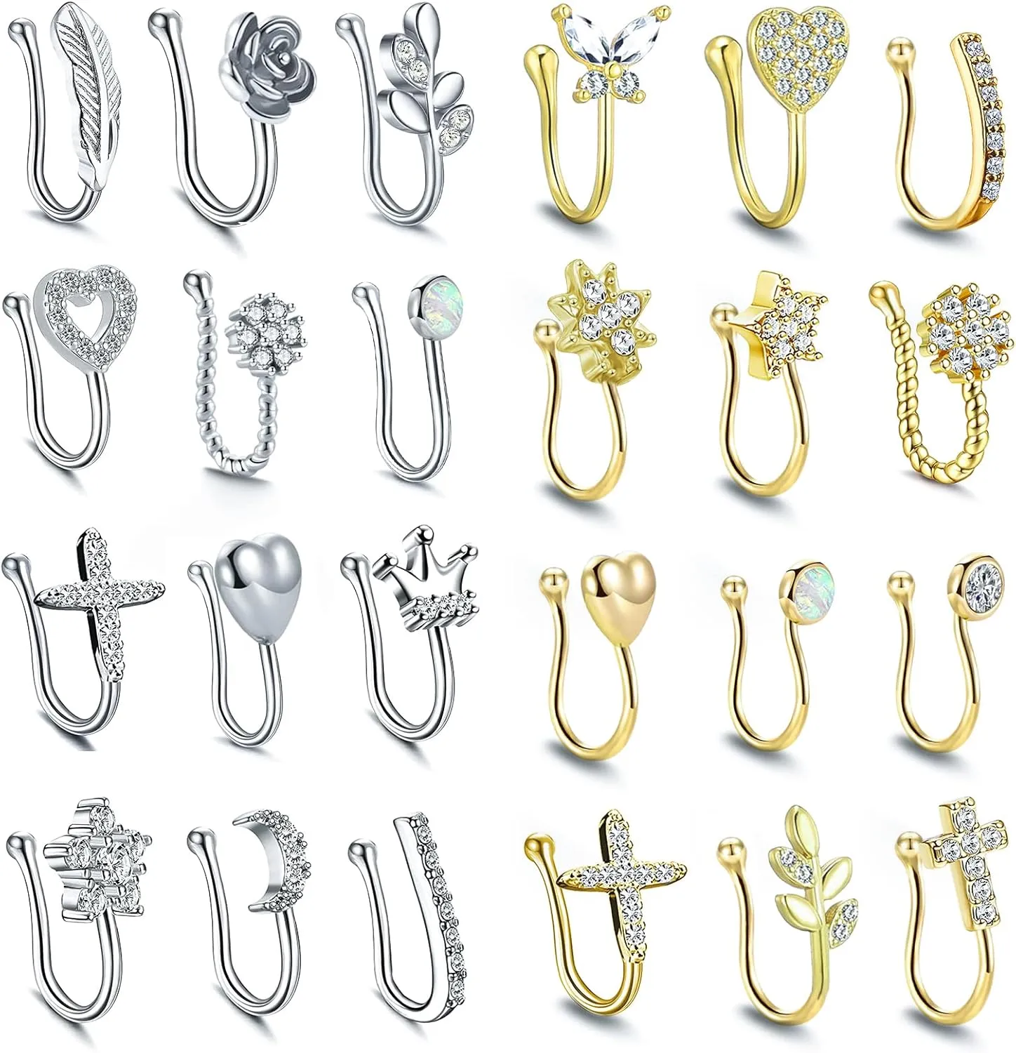 JDXN 24 PCS Fake Nose Rings Set Ear Clips Non Piercing Earrings Inlaid CZ Non Piercing Jewelry Fake Nose Ring Spring Clip on Circle Hoop No Pierced Body Jewelry Set For Women Men