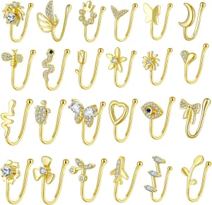 JDXN 24 PCS Fake Nose Rings Set Ear Clips Non Piercing Earrings Inlaid CZ Non Piercing Jewelry Fake Nose Ring Spring Clip on Circle Hoop No Pierced Body Jewelry Set For Women Men