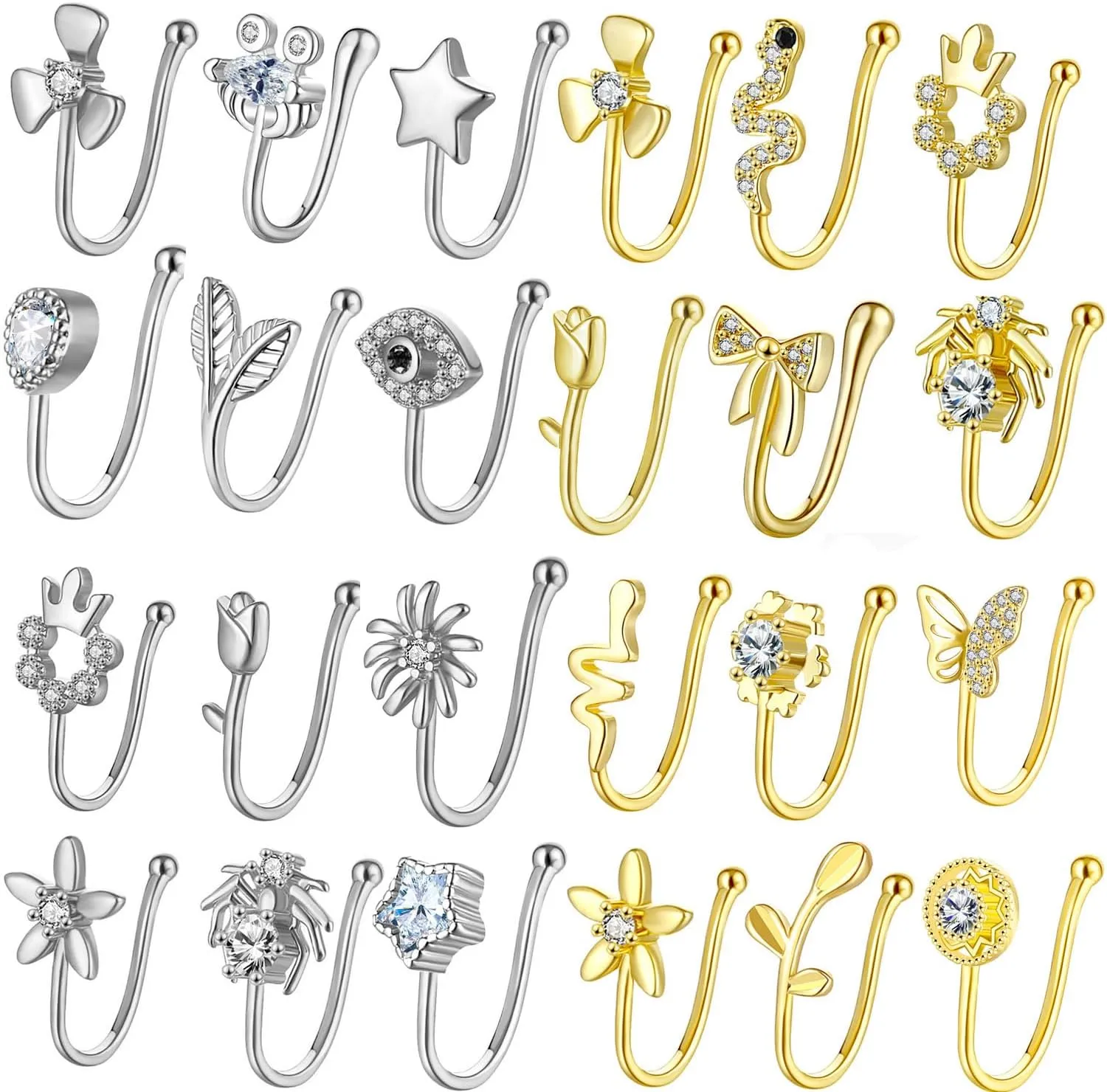JDXN 24 PCS Fake Nose Rings Set Ear Clips Non Piercing Earrings Inlaid CZ Non Piercing Jewelry Fake Nose Ring Spring Clip on Circle Hoop No Pierced Body Jewelry Set For Women Men