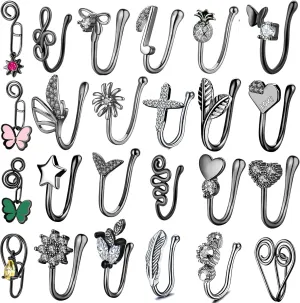 JDXN 24 PCS Fake Nose Rings Set Ear Clips Non Piercing Earrings Inlaid CZ Non Piercing Jewelry Fake Nose Ring Spring Clip on Circle Hoop No Pierced Body Jewelry Set For Women Men