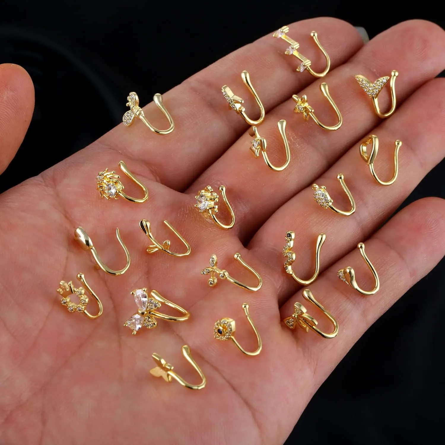 JDXN 24 PCS Fake Nose Rings Set Ear Clips Non Piercing Earrings Inlaid CZ Non Piercing Jewelry Fake Nose Ring Spring Clip on Circle Hoop No Pierced Body Jewelry Set For Women Men