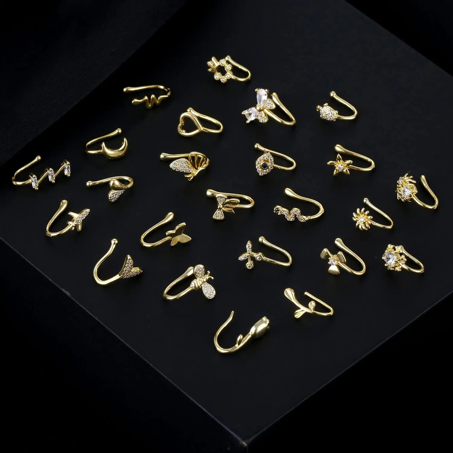 JDXN 24 PCS Fake Nose Rings Set Ear Clips Non Piercing Earrings Inlaid CZ Non Piercing Jewelry Fake Nose Ring Spring Clip on Circle Hoop No Pierced Body Jewelry Set For Women Men