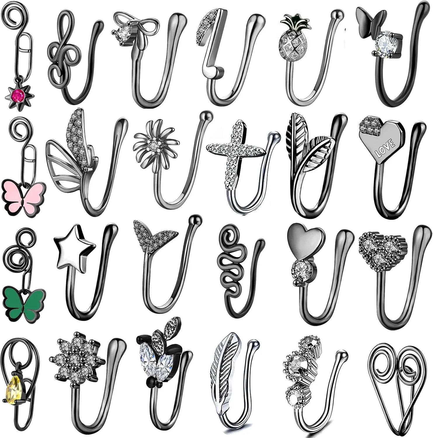 JDXN 24 PCS Fake Nose Rings Set Ear Clips Non Piercing Earrings Inlaid CZ Non Piercing Jewelry Fake Nose Ring Spring Clip on Circle Hoop No Pierced Body Jewelry Set For Women Men