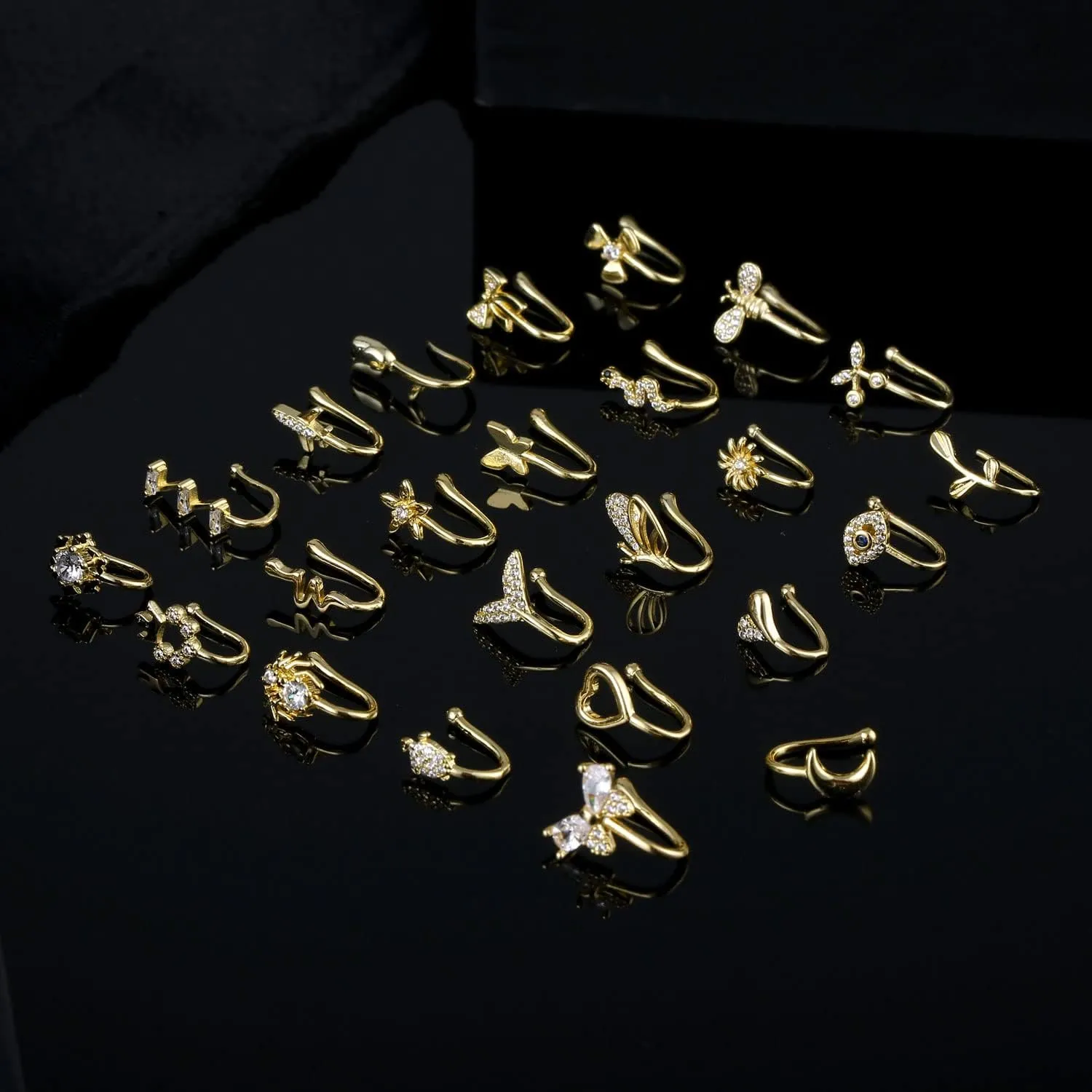 JDXN 24 PCS Fake Nose Rings Set Ear Clips Non Piercing Earrings Inlaid CZ Non Piercing Jewelry Fake Nose Ring Spring Clip on Circle Hoop No Pierced Body Jewelry Set For Women Men