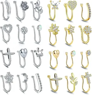 JDXN 24 PCS Fake Nose Rings Set Ear Clips Non Piercing Earrings Inlaid CZ Non Piercing Jewelry Fake Nose Ring Spring Clip on Circle Hoop No Pierced Body Jewelry Set For Women Men