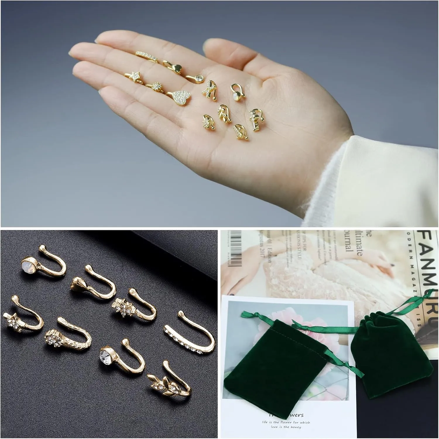 JDXN 24 PCS Fake Nose Rings Set Ear Clips Non Piercing Earrings Inlaid CZ Non Piercing Jewelry Fake Nose Ring Spring Clip on Circle Hoop No Pierced Body Jewelry Set For Women Men