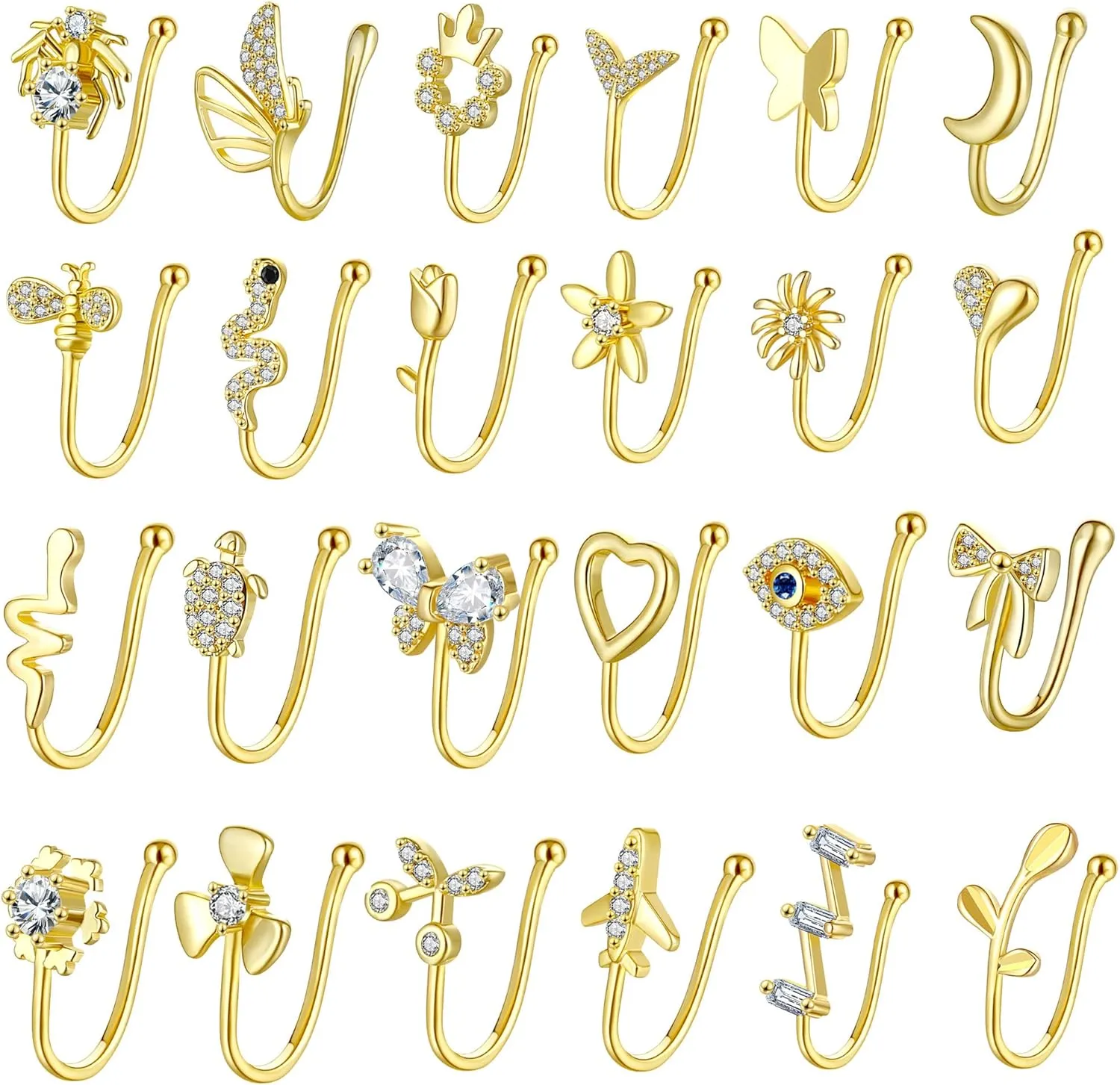 JDXN 24 PCS Fake Nose Rings Set Ear Clips Non Piercing Earrings Inlaid CZ Non Piercing Jewelry Fake Nose Ring Spring Clip on Circle Hoop No Pierced Body Jewelry Set For Women Men