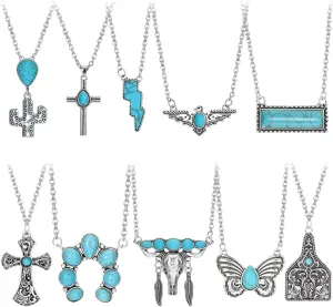 JeryWe 10PCS Turquoise Pendant Necklace for Women Western Jewelry Set | Silver Black-Toned Accessories with Cow Cross and Horse Pendant | Rodeo-Inspired Navajo Bohemian Style