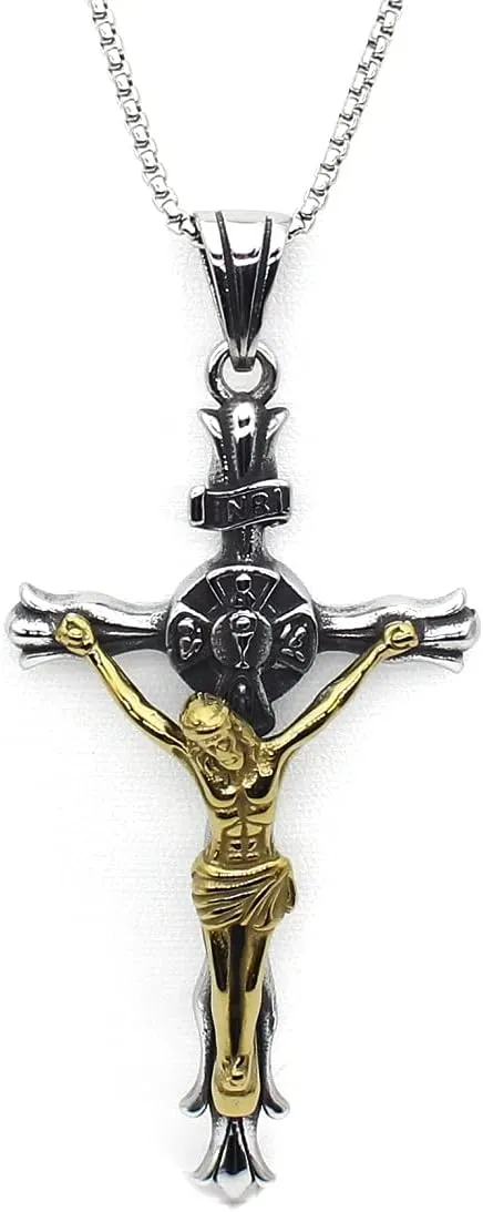 Jesus Crucifix Pendant, Crucifix Cross Necklace for Men, Jesus Cross Necklace Cross Jewelry, Hip Hop Cross Charm Necklace Stainless Steel Punk Cross Religious Pendant Necklace for mens