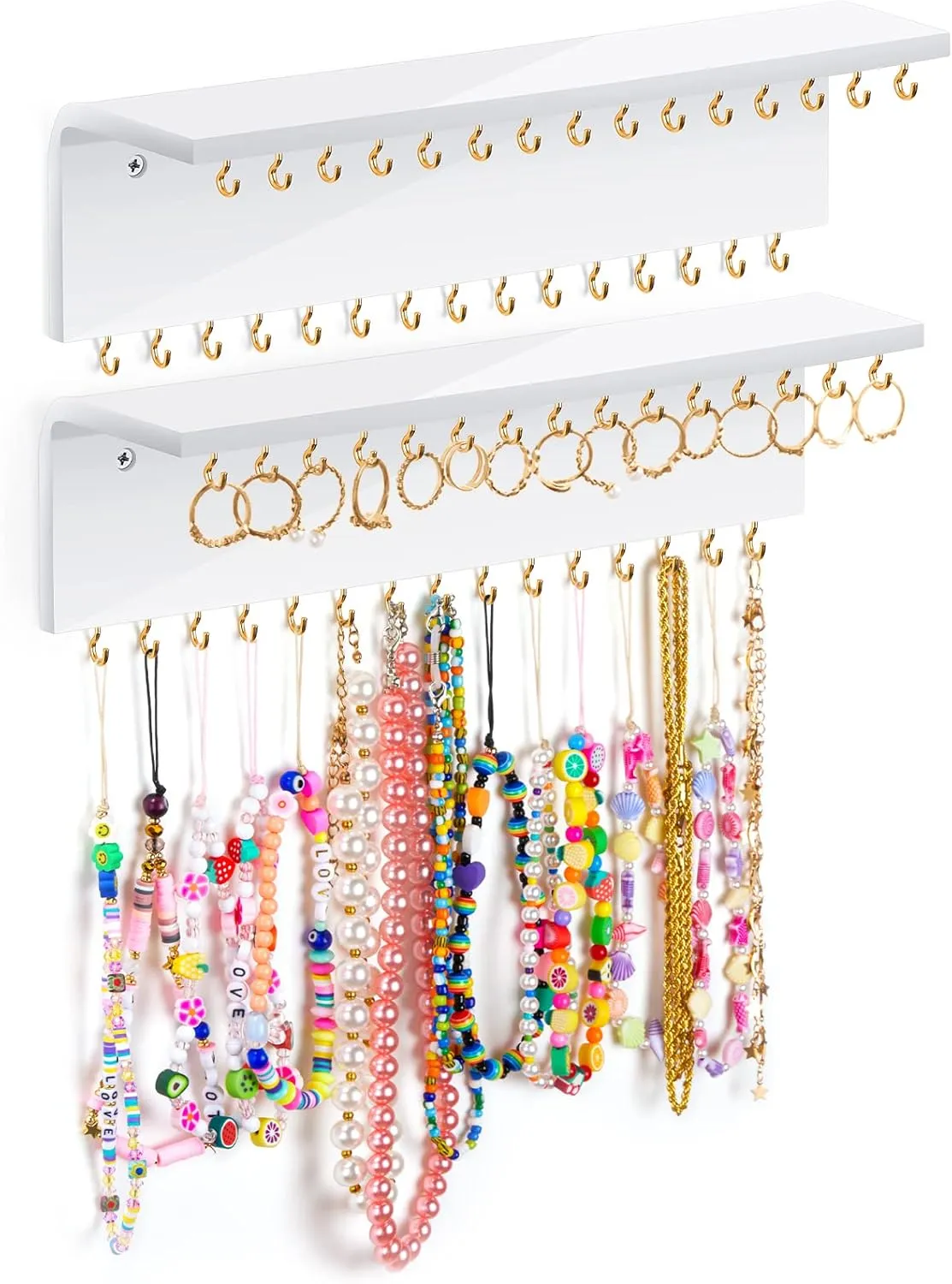 Jetec 2 Pcs Acrylic Hanging Necklace Organizer Wall Mounted with 60 Hooks, Jewelry Organizer Display Holder for Rings, Earrings, Bracelet