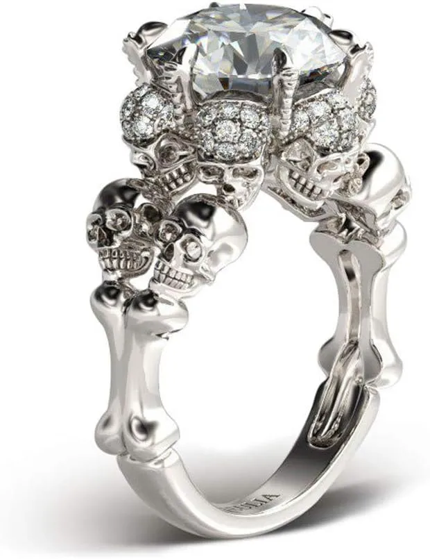 Jeulia 8.4 Carat Round Cut Diamond Skull Rings for Women Bride 925 Sterling Silver Wedding Band Cubic Zirconia Solitaire Engagement Rings Anniversary Promise with Jewelry Gift Box